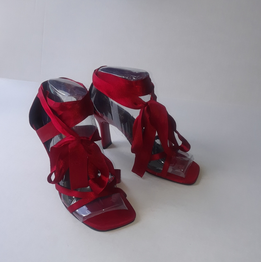 Red satin ribbon heels